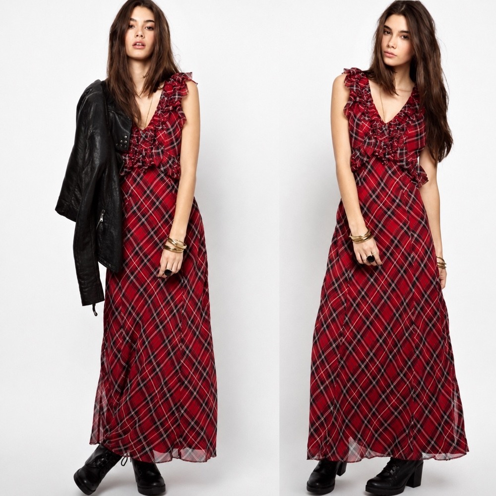 Free People Red Plaid Ruffle Maxi Dress V-Neck Tie Back Tartan Size 2